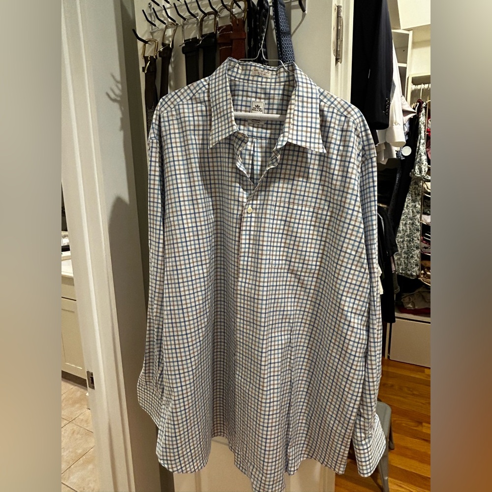 Peter Millar Men's Blue and White Windowpane Dress Shirt